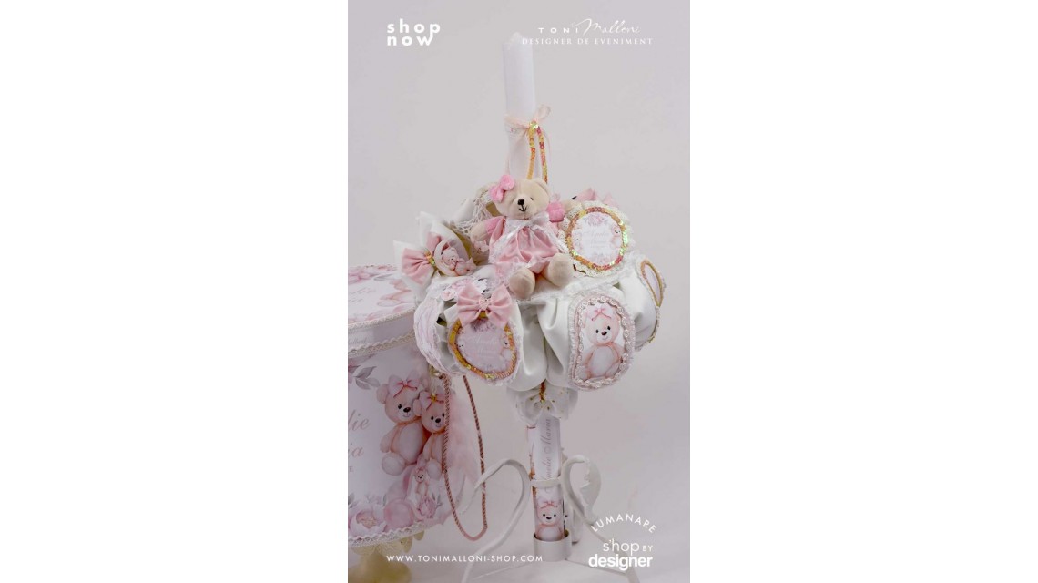 Lumanare de botez roz pal cu ursuleti de plus Teddy Bear Pink 2024 4